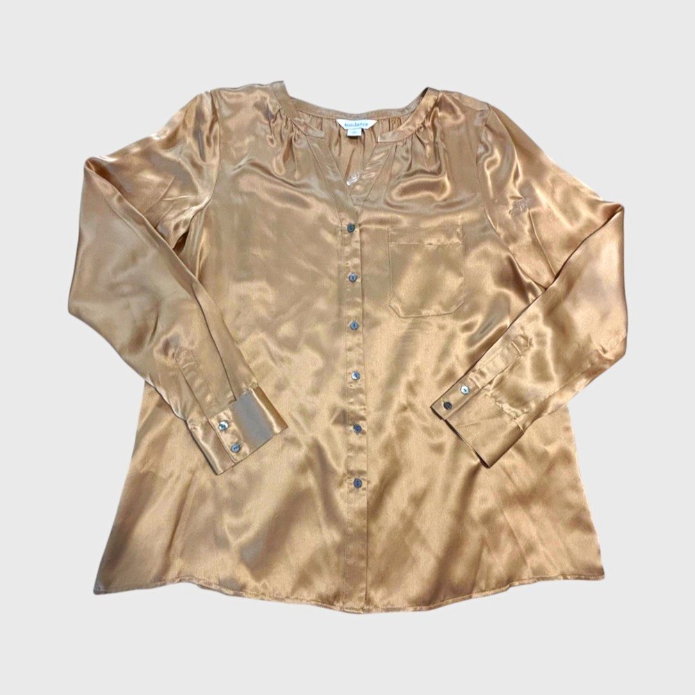 Sundance Women's M 100% Silk Golden Tan Long Sleeve Button Front V-Neck Blouse